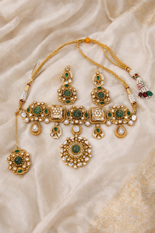 Clustered Real White Pearl & Emerald Necklace Set