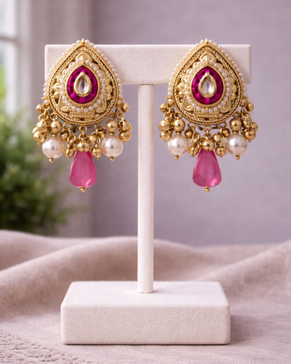 Fusion Gold-Tone Choker Necklace & Earring Set with Pink Stones & Pearls-G353000