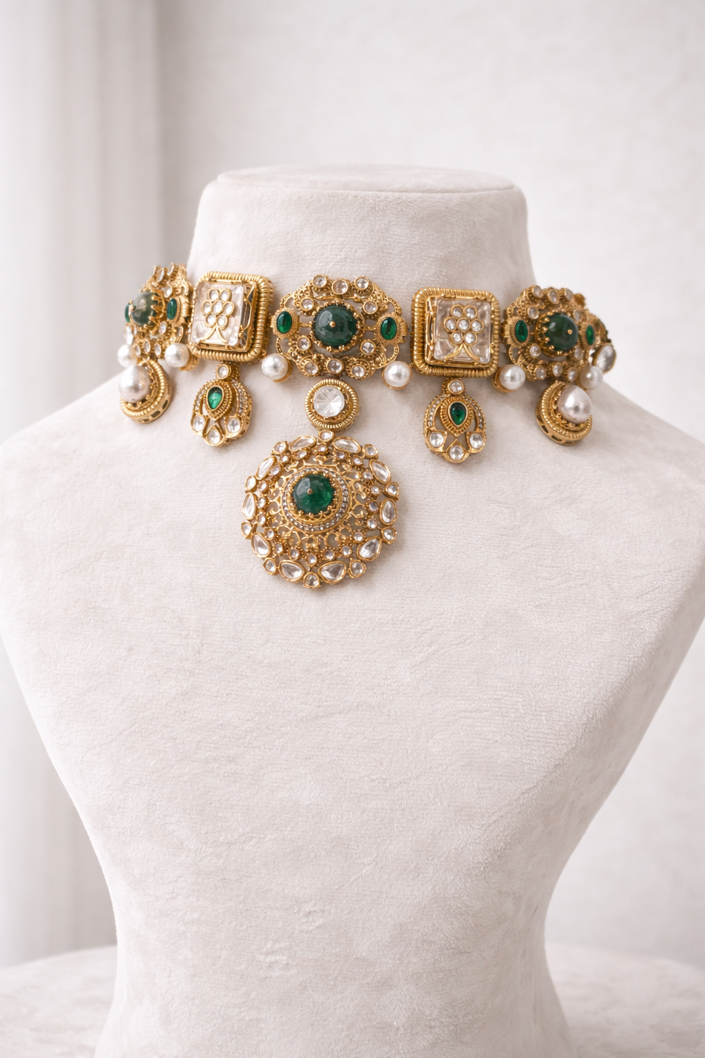 Clustered Real White Pearl & Emerald Necklace Set