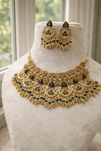 Gold-Plated Heritage Green Onyx Necklace Set