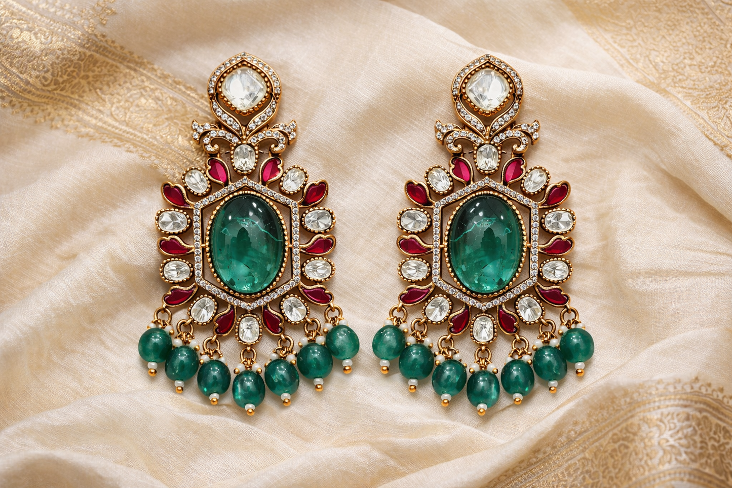 Semi-precious Emerald Mossainite Statement Necklace Set