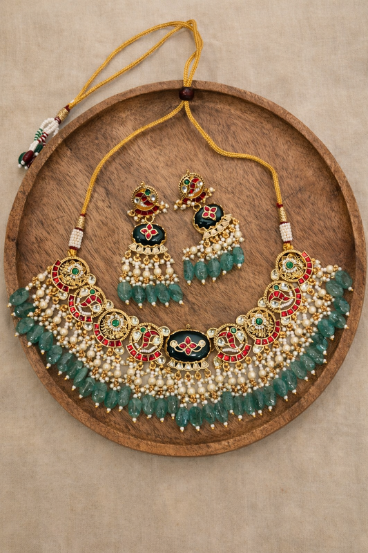 Heritage Pachi Kundan Green Onyx Choker Necklace Set-G359200