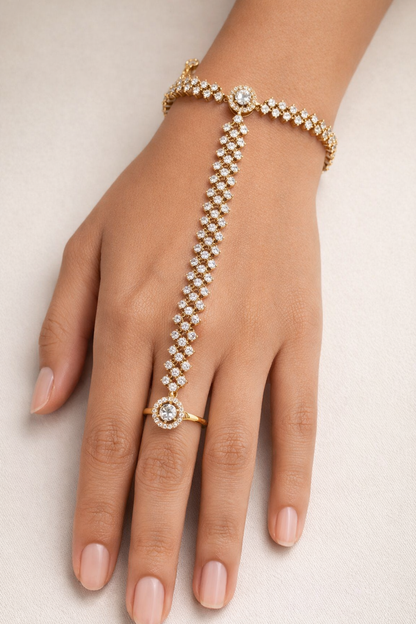 Diamond Look Gold Plated Hand Harness with Ring Bracelet-G351500