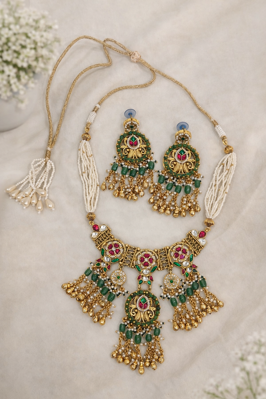 Regal Rajwadi Kundan & Meenakari Choker Set with Pearl Drops