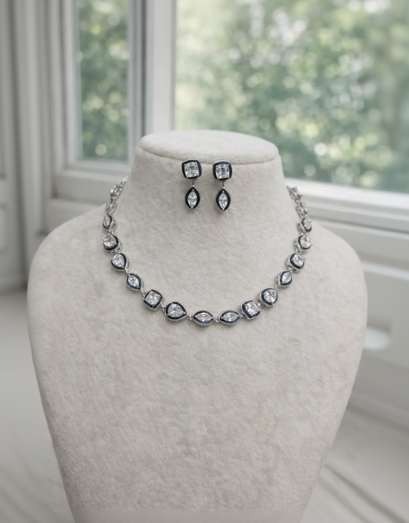 Silver-Toned Cubic Zirconia  Necklace Set-G3300