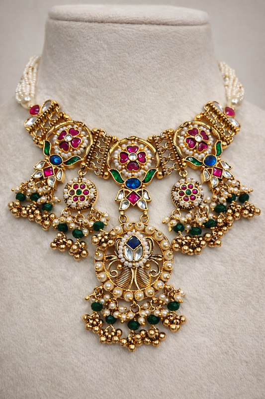 Heirloom Jadau Style Gold-Plated Necklace with Pearls