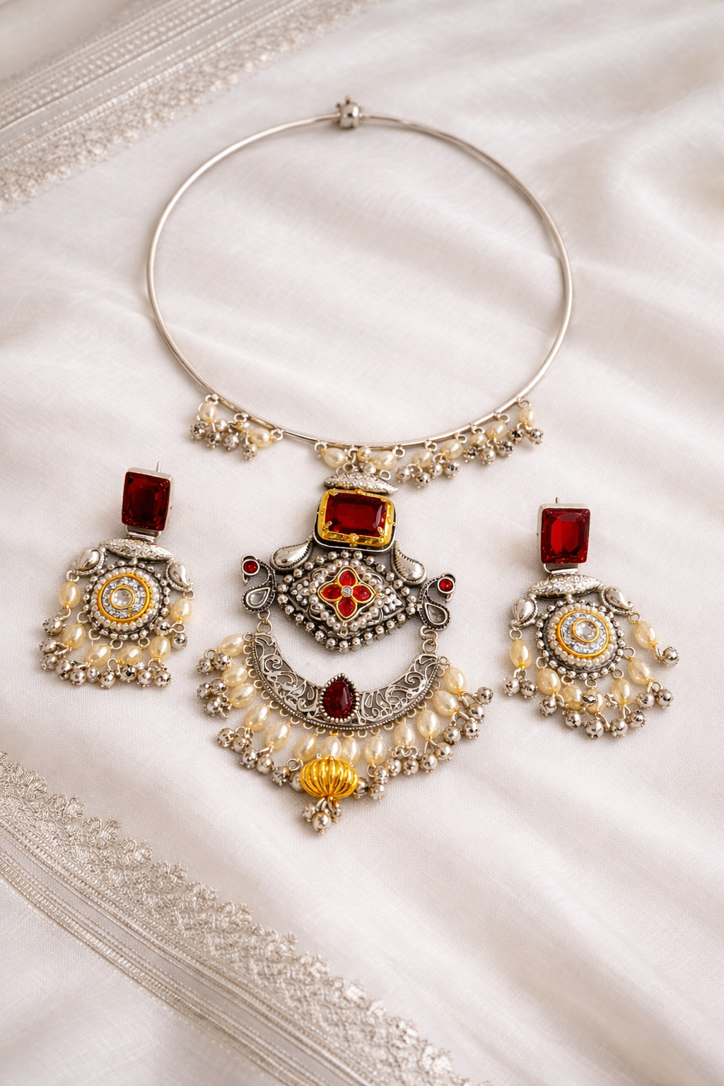 Oxidized Silver Pink Stone and Pearl Choker Hasli Set-G351800
