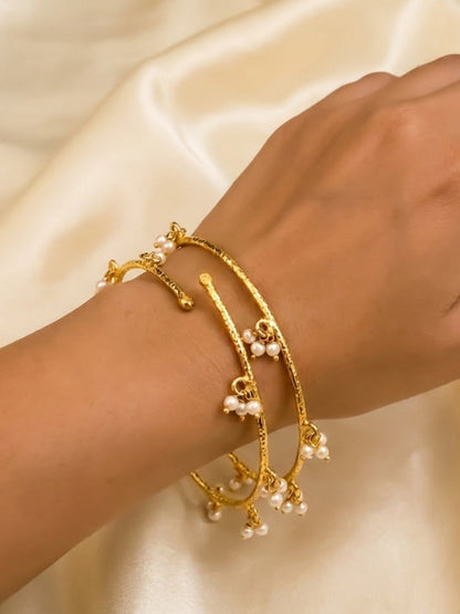 Set of 4 Gold-Plated Twisted Kashmiri Bangles with Pearl Cluster Ghungroo Charms