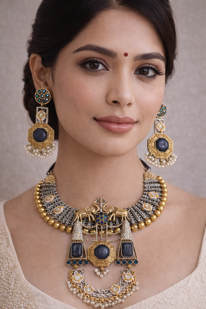 Dual-Tone Oxidized Silver & Gold Plated Statement Choker Set-G353800