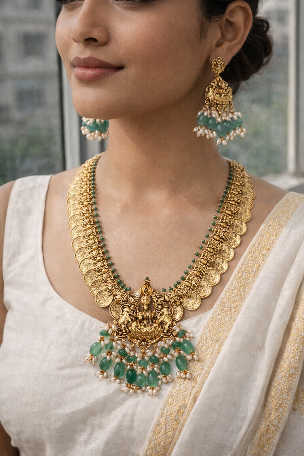 Lakshmi Peacock Coin Necklace Set with Mint Green Beads & Pearls