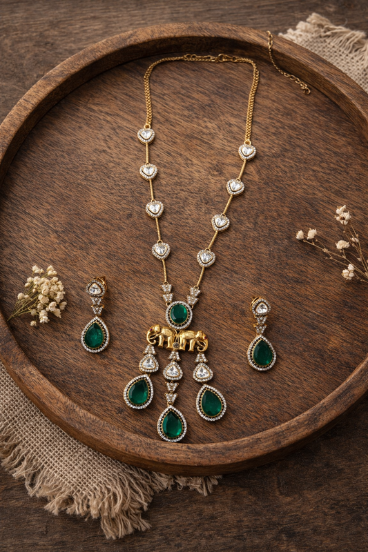 Emerald & Polki Kundan Elephant Pendant Necklace Set-G753000