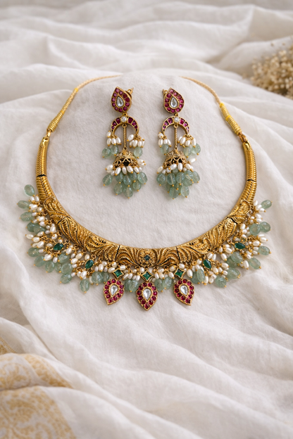 Gold-Finish Kundan & Pearl Hasli Necklace Set