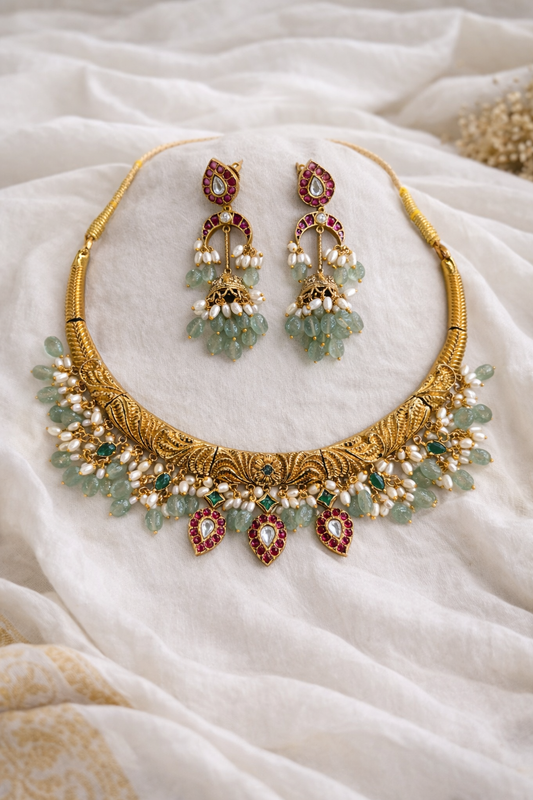 Gold-Finish Kundan & Pearl Hasli Necklace Set