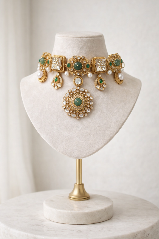 Clustered Real White Pearl & Emerald Necklace Set