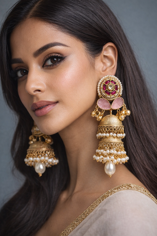 Gold-Plated Kundan and Pearl Jhumka Earrings-G351800