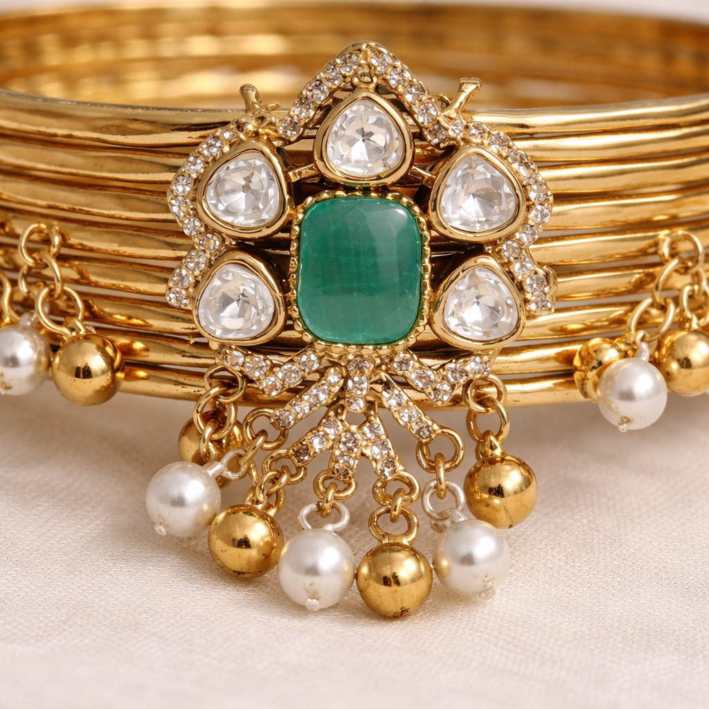 Emerald & Diamond Kundan Pearl Drop Bangle Bracelet