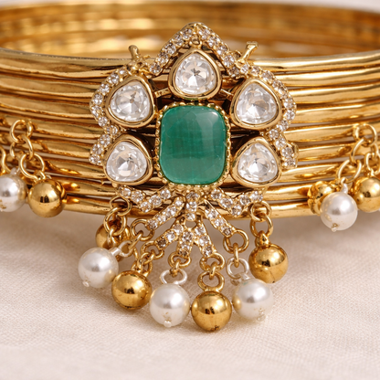 Emerald & Diamond Kundan Pearl Drop Bangle Bracelet