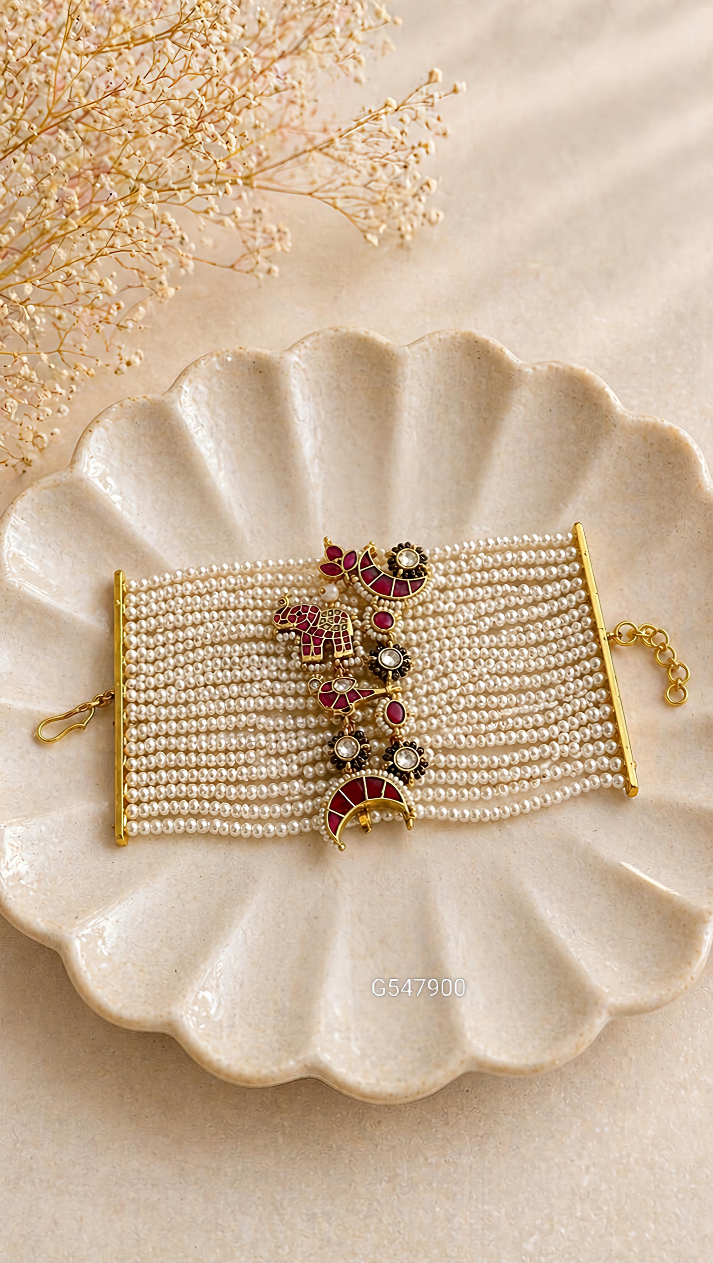 Handcrafted Jadau Kundan Bahi Pearl Bracelet - G387900