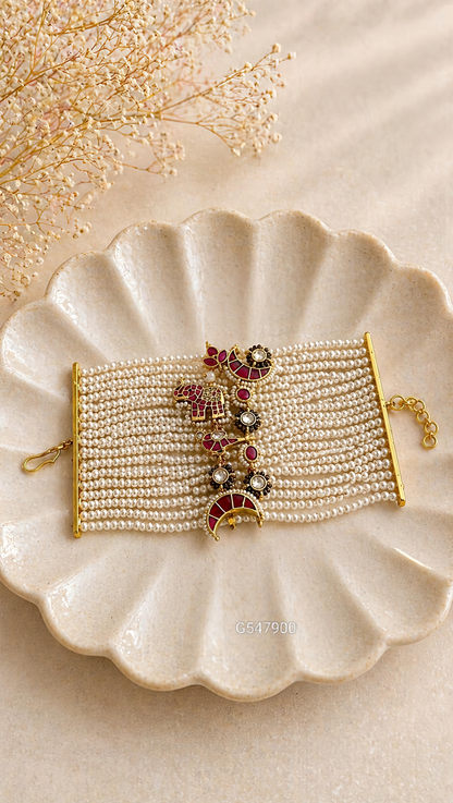 Handcrafted Jadau Kundan Bahi Pearl Bracelet - G387900