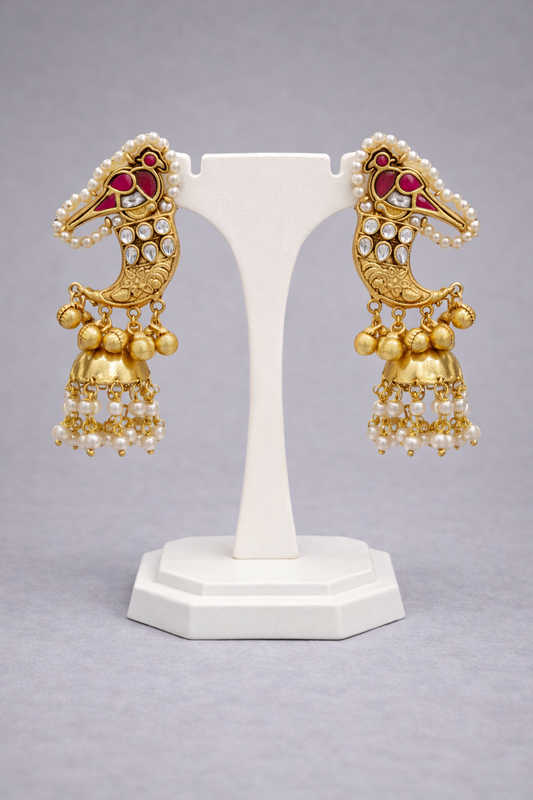 Fusion Kundan & Pearl Peacock Jhumka Earrings-G351000