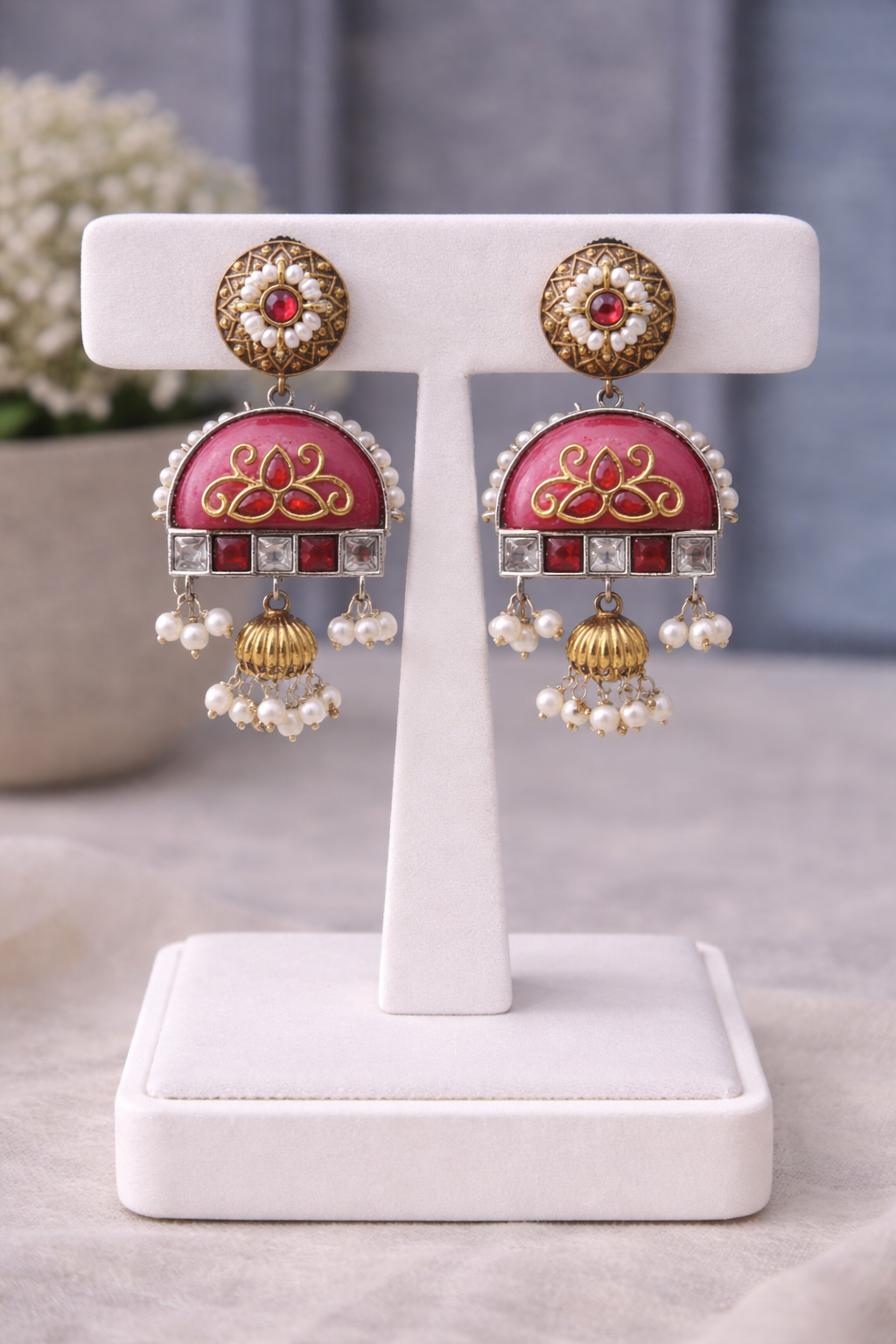Oxidised Dual-Tone Pink Enamel Jhumka Pendent Set-G351900