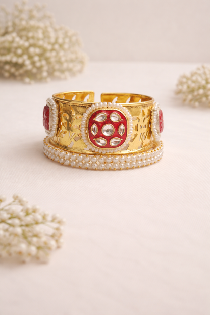 Ruby Pearl Kundan Fusion Kada Bracelet