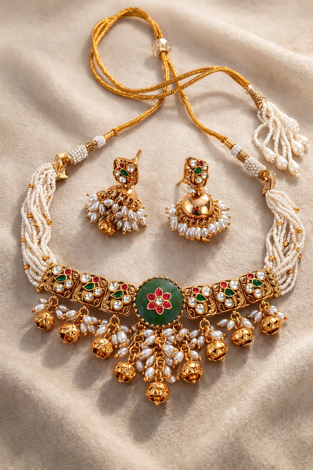Classic Jadau Kundan Polki Necklace Set with Pearls & Green Onyx