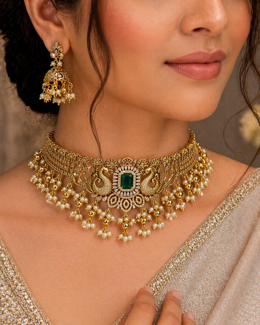Antique Gold-Finish Peacock Choker Set-G352300