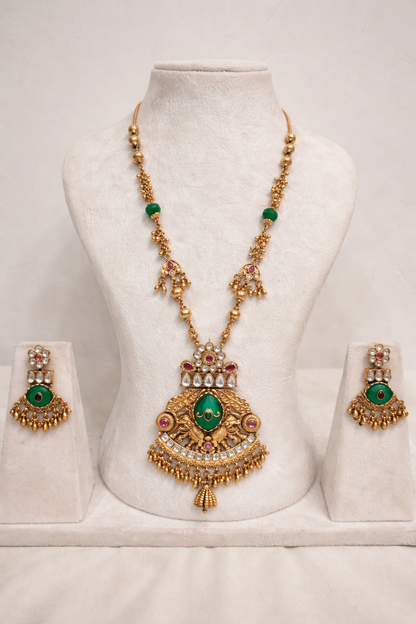 Heritage Green Stone Studded Antique Finish Pendant Set