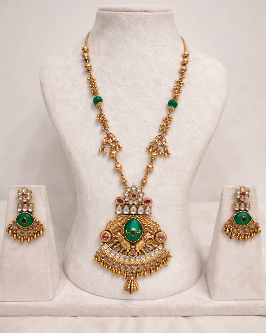 Heritage Green Stone Studded Antique Finish Pendant Set-G354700