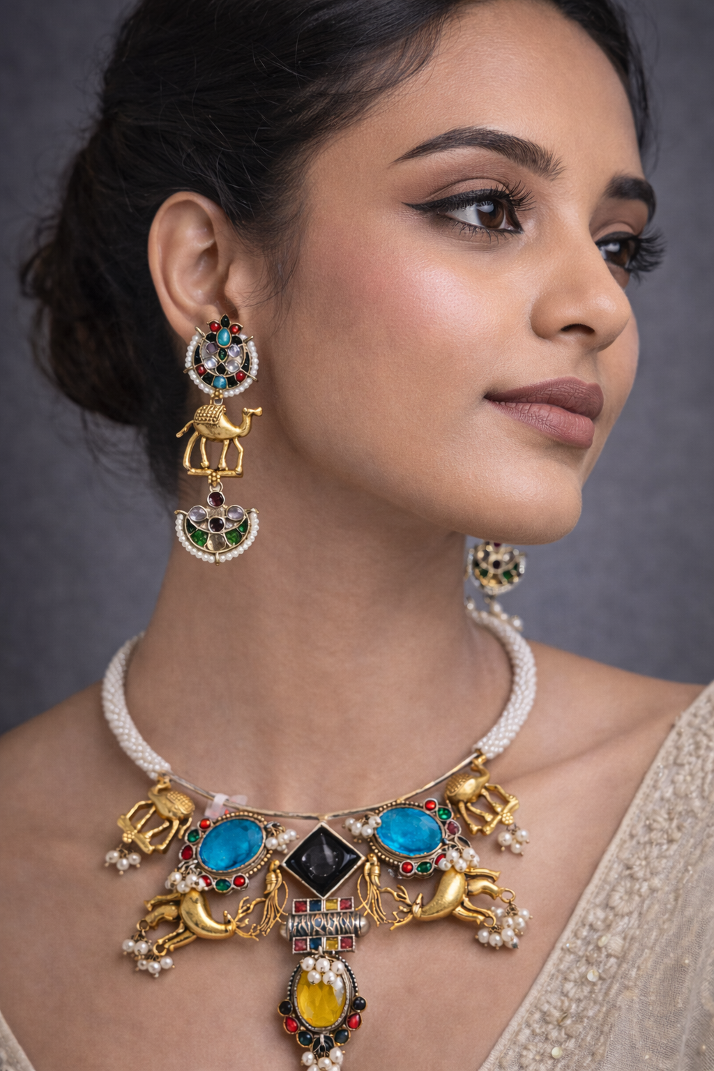 German Silver & Gold-Tone Animal Motif Hasli Necklace Set-G353500