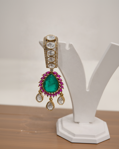 Ruby Green Finest Polki Kundan Indian Bridal Dangle Earrings-G351500