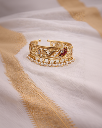 Aarvi Pearl & Gold Fusion Kada Bracelet