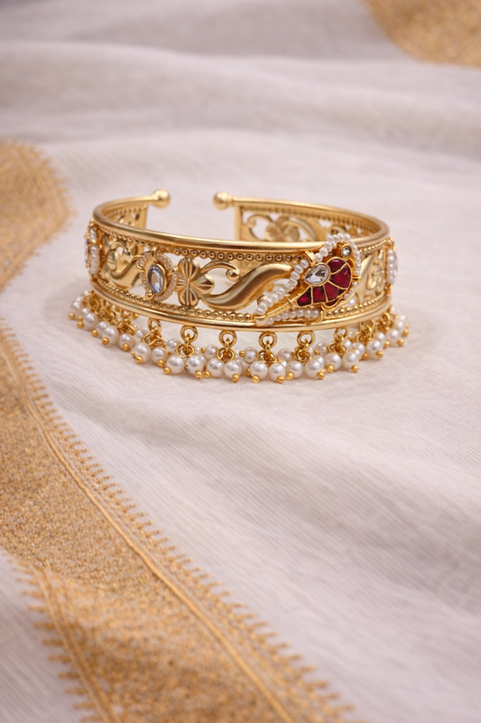 Aarvi Pearl & Gold Fusion Kada Bracelet