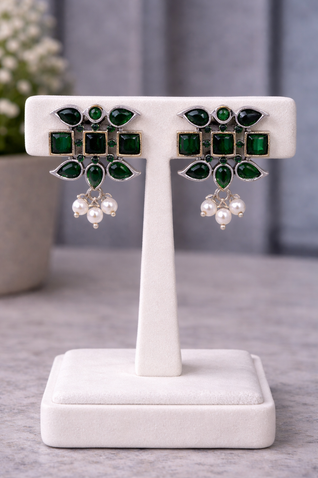 Oxidised Green Kundan & Pearl  Choker Necklace Set-G352400