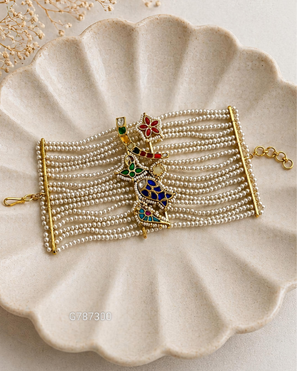 Handcrafted Jadau Kundan Bahi Pearl Bracelet - G377300