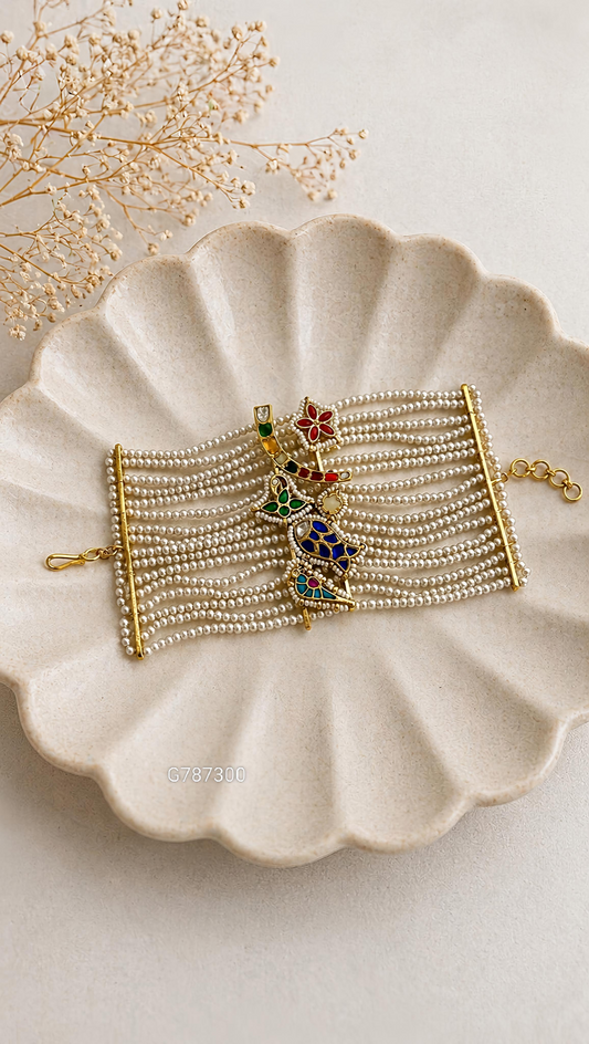 Handcrafted Jadau Kundan Bahi Pearl Bracelet - G377300