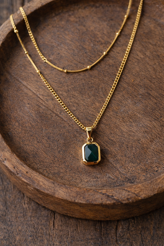 Anti-Tarnish Gold & Emerald Statement Necklace-G35300