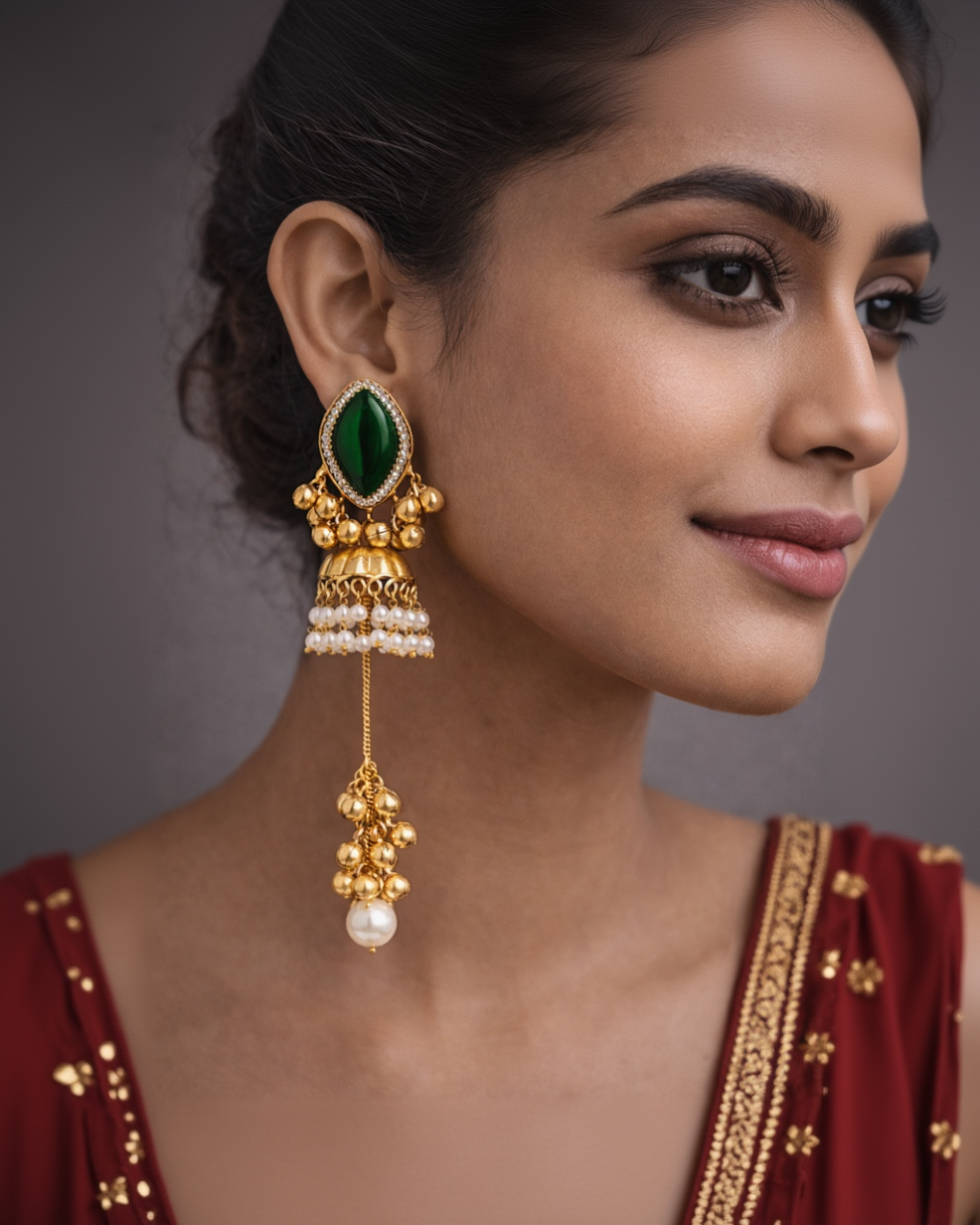 Emerald Green & Kashmiri Pearl Jhumka Earrings-G351500