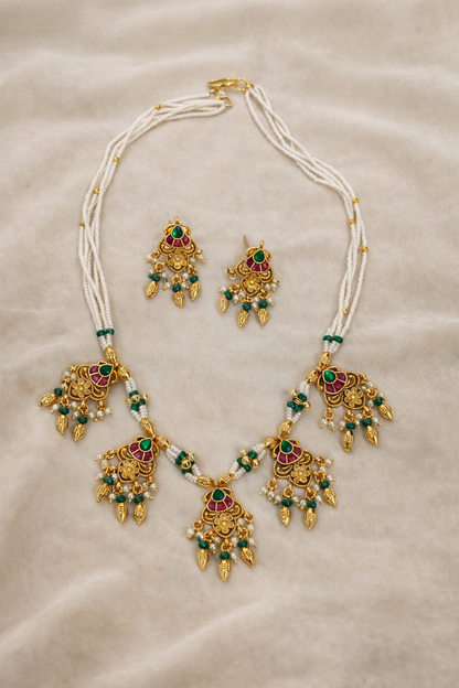 Elegant Gold-Toned Pearl and Kundan Necklace with Earrings
