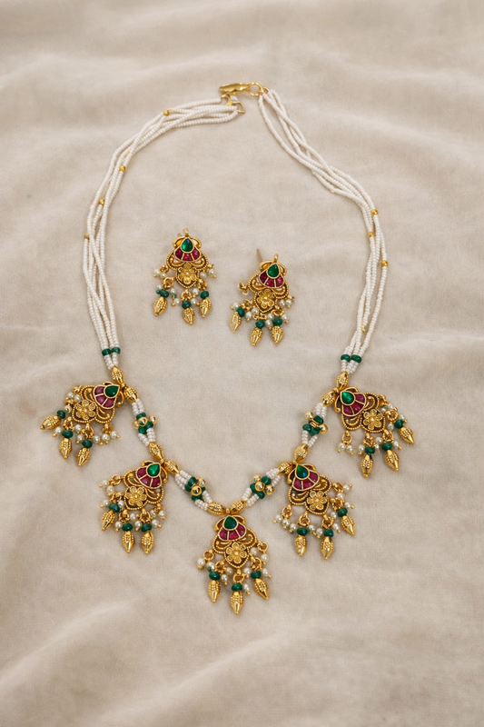 Elegant Gold-Toned Pearl and Kundan Necklace with Earrings