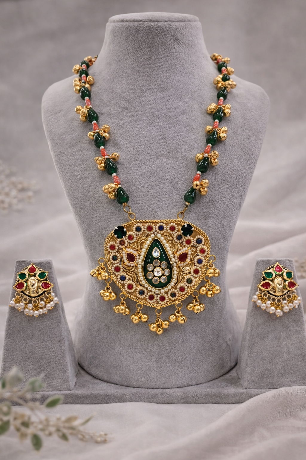 Fusion Green & Gold Kundan Style Necklace Set-G353300