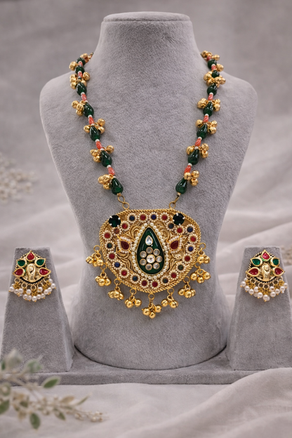 Fusion Green & Gold Kundan Style Necklace Set-G353300