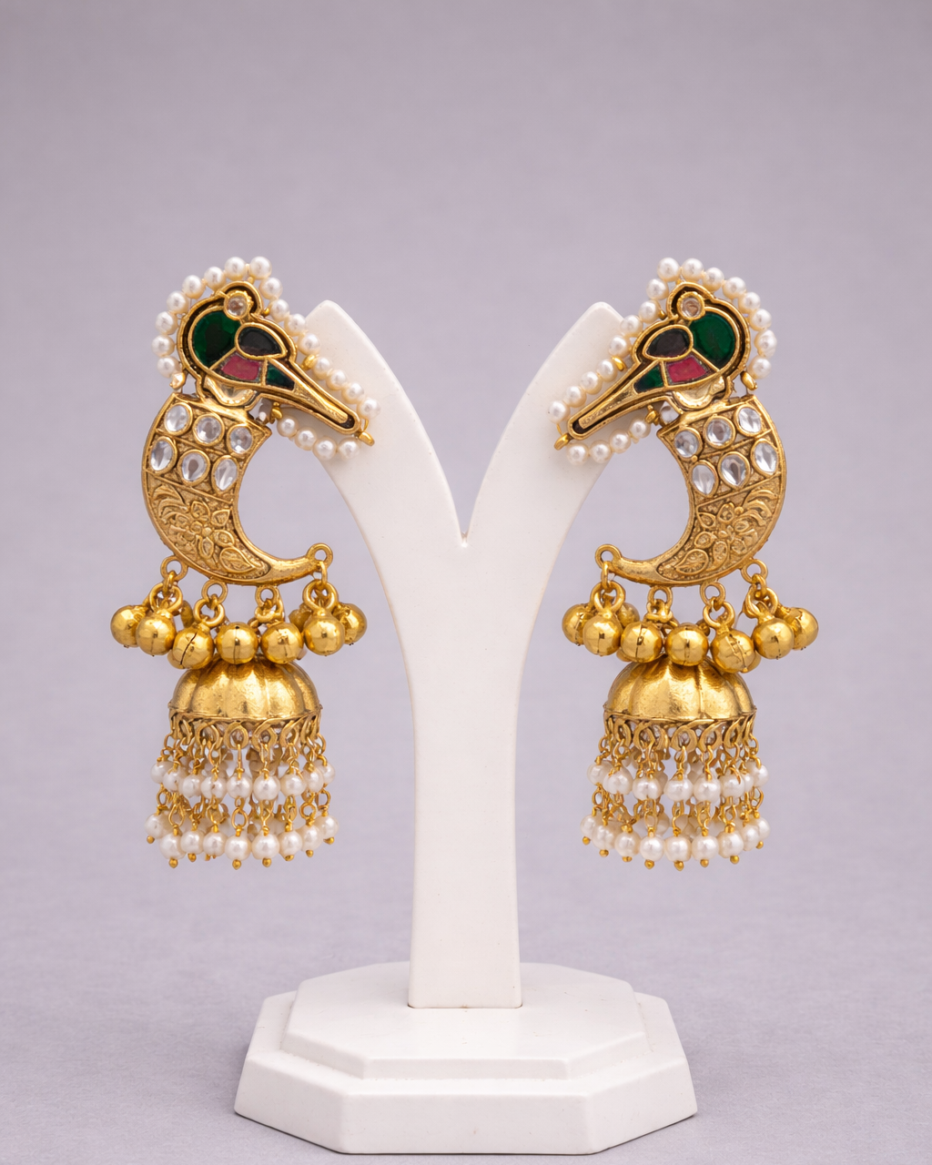 Fusion Kundan & Pearl Peacock Jhumka Earrings-G351000