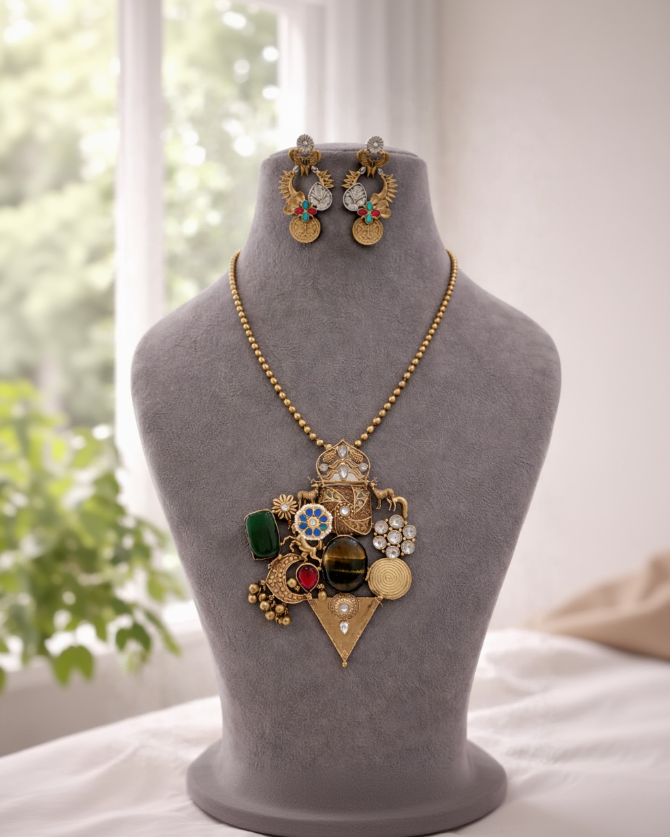 Vintage-Inspired Multi-Stone Necklace and Earring Set-G353800
