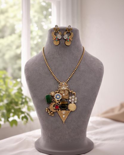 Vintage-Inspired Multi-Stone Necklace and Earring Set-G353800