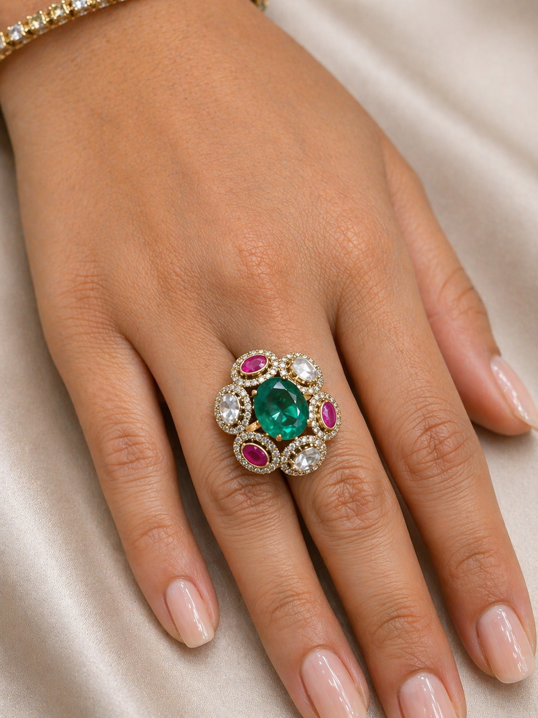 Emerald & Ruby Floral Radiance Finger Ring-G351200