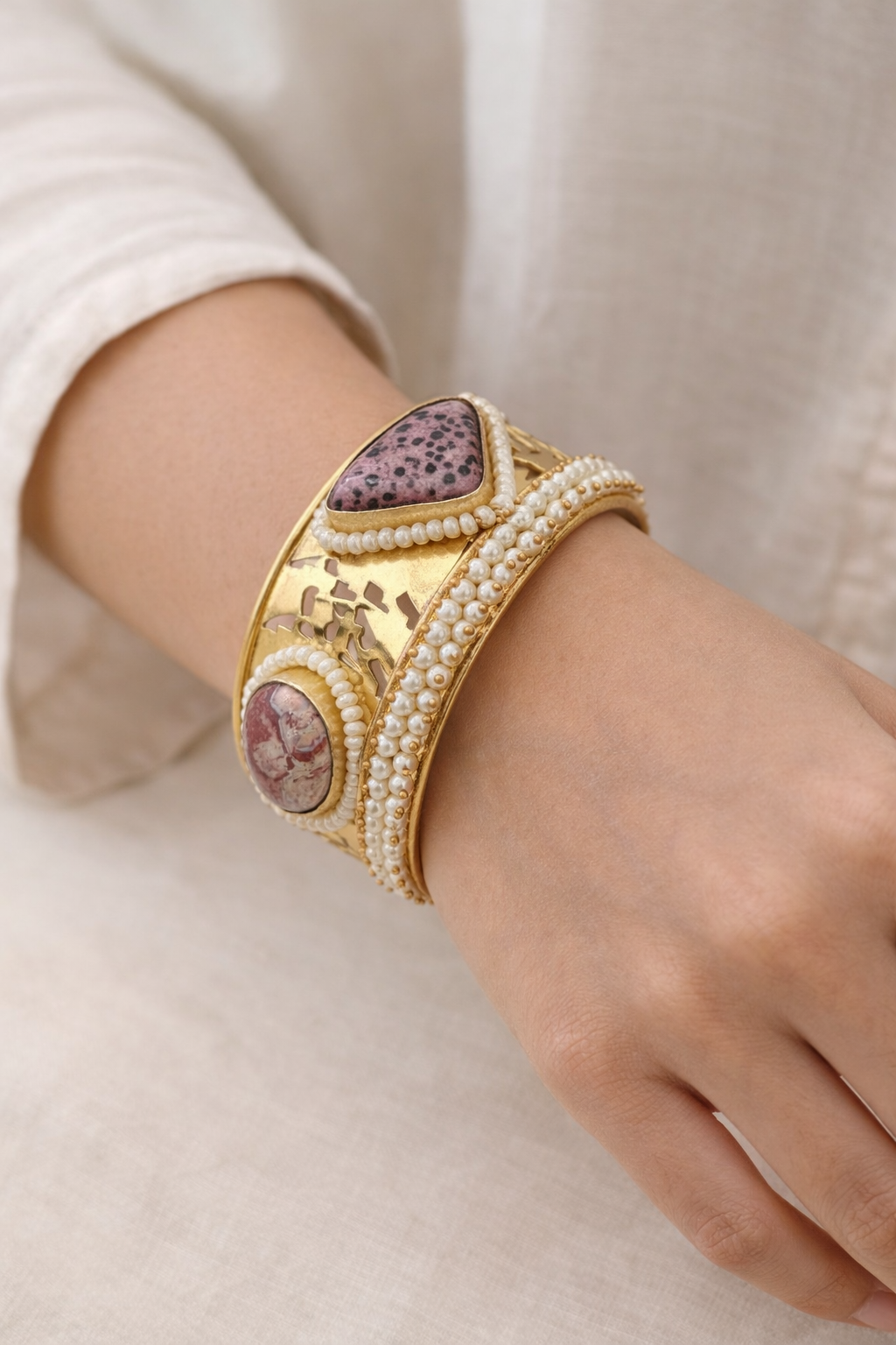 Marble Stone & Pearl Kundan Fusion Kada Bracelet