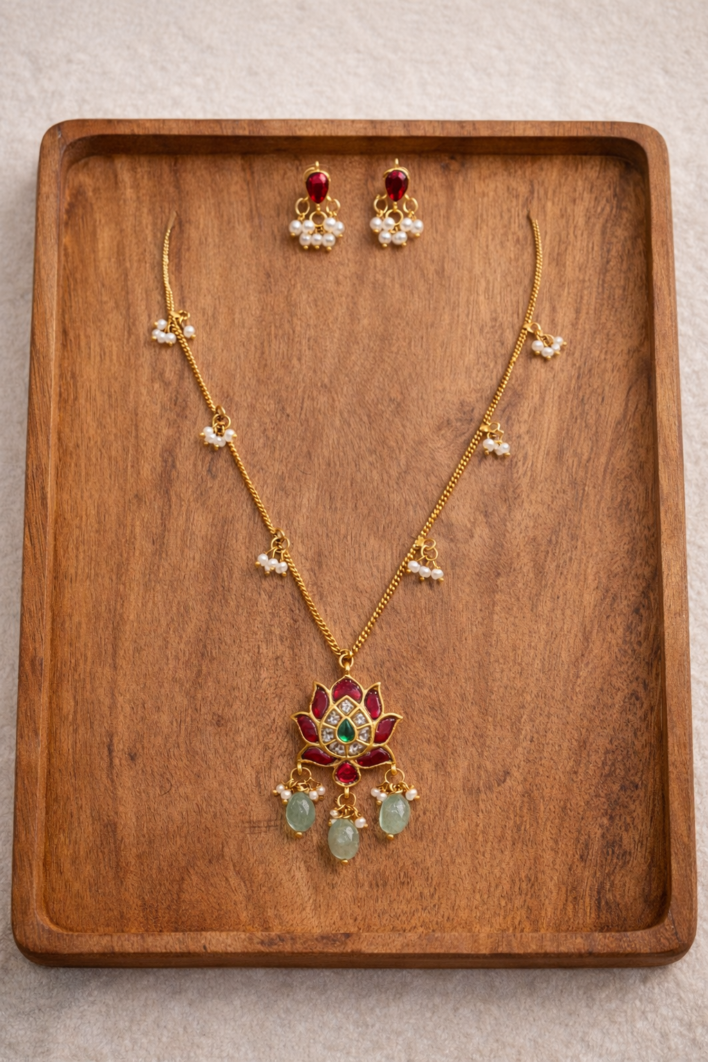 Thin Layer Lotus Necklace with Pearl Drops