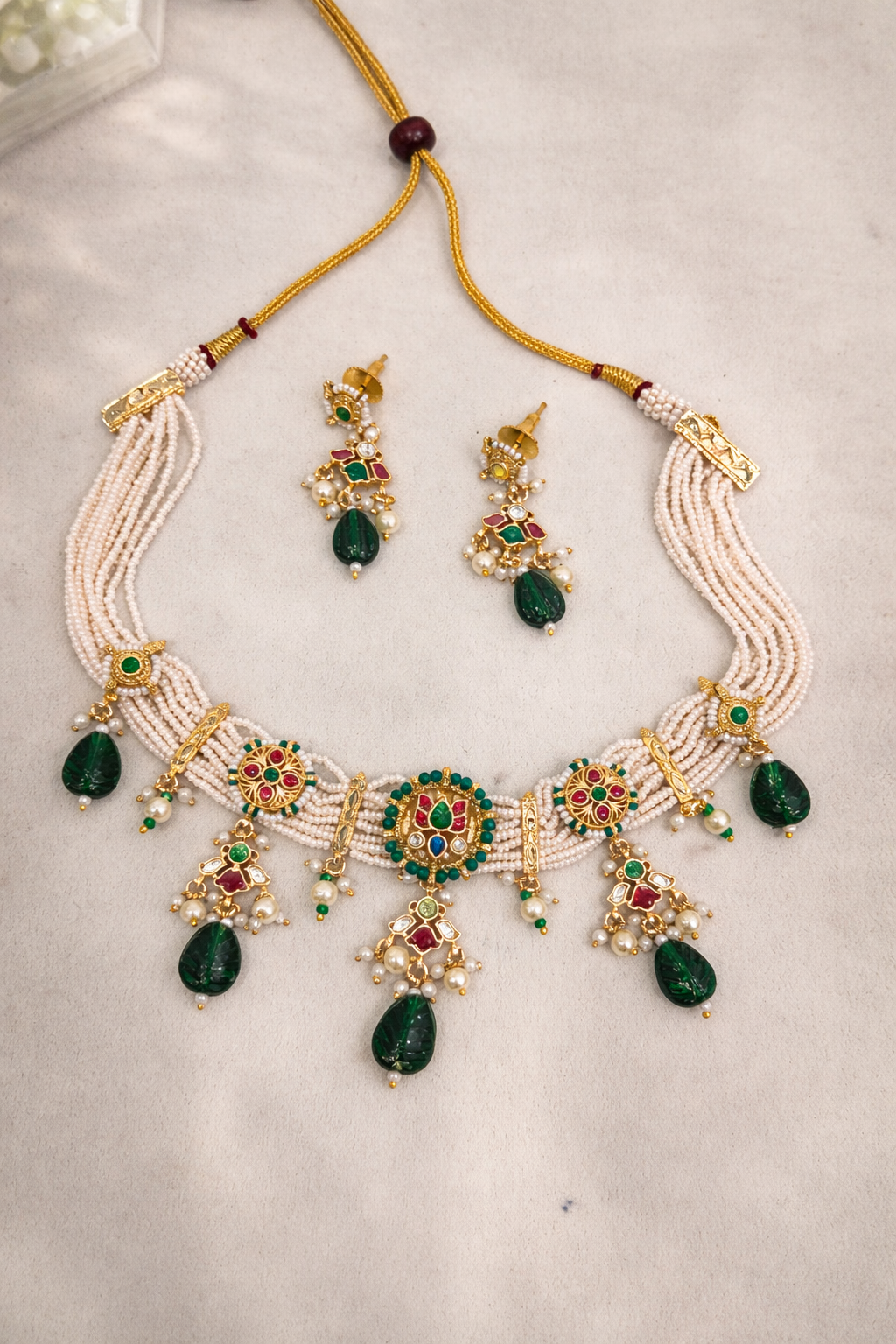 Green/Maroon & Ivory Kundan Polki Choker Necklace